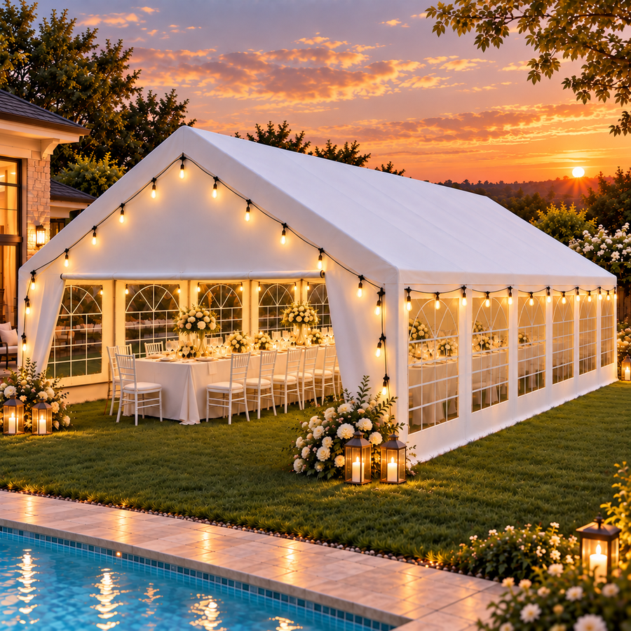 LAUSAINT HOME 20 x 40 FT Party Tent with 150 FT String Lights, Waterproof Canopy with Removable Sidewalls and Roll-Up Door, White Steel Frame Event Shelter for Weddings and Large Gatherings