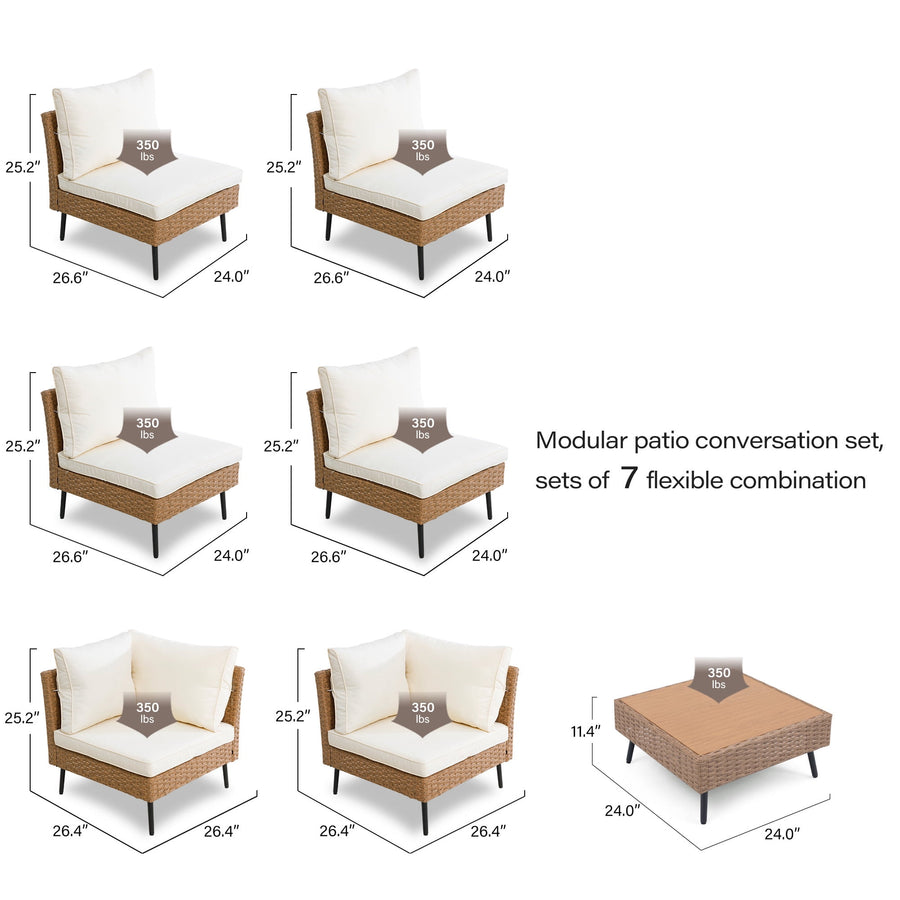 LAUSAINT HOME 7 Pieces Outdoor Furniture Set, Patio Modern Rattan Wicker Sectionals with 6 Chairs and 1 Coffee Table, Beige Cushions