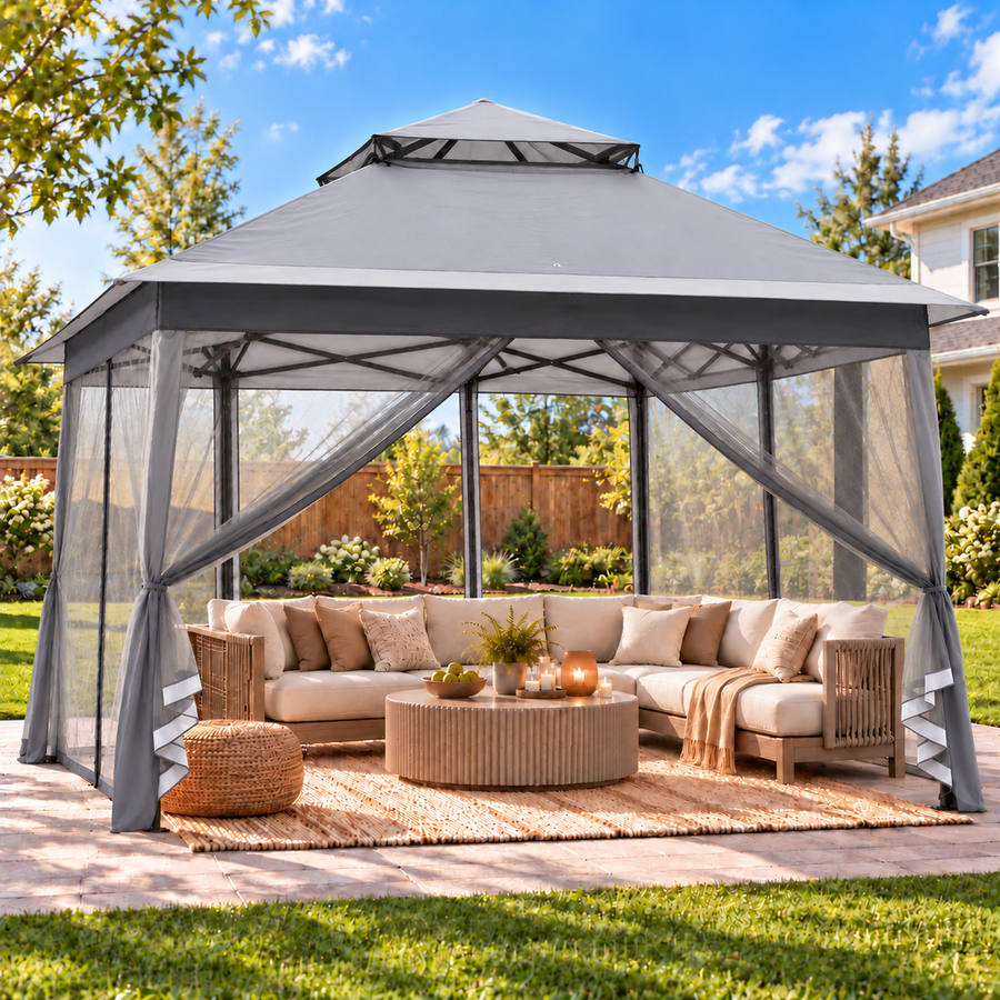 LAUSAINT HOME 13x13 Pop Up Gazebo with Mosquito Netting, Portable Outdoor Gazebo Canopy Tent with Sidewalls, One Push Instant Setup & Adjustable Height for Patio Backyard Party BBQ Deck, Light Gray