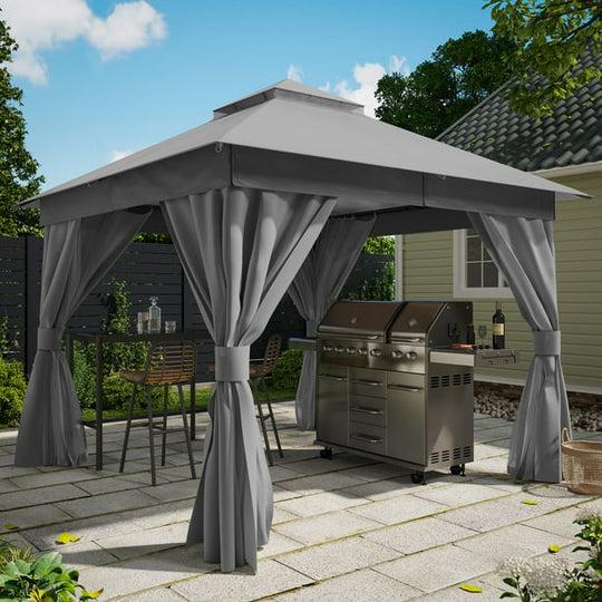LAUSAINT HOME Patio Gazebo 10'x10' with Expansion Bolts, Double Roofs Outdoor Shelter Tent with Nettings and Privacy Screens (Gray)