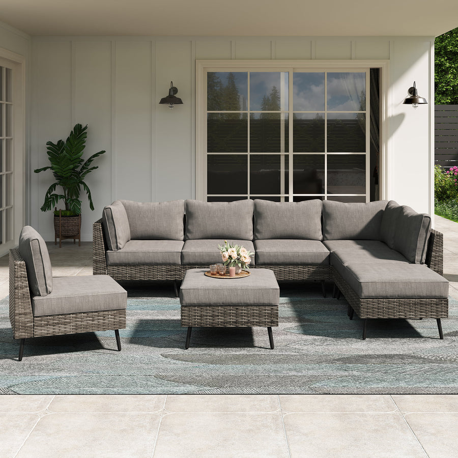 LAUSAINT HOME 8 Pieces Patio Conversation Set, Outdoor Sectional Wicker Sofa PE Rattan Furniture Set with Thick Cushions, Gray