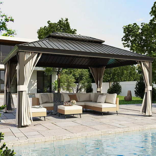 LAUSAINT HOME 12' x 16' Hardtop Patio Gazebo, 2-Tier Permanent Aluminum Hardtop with Mosquito Net and Privacy Curtain