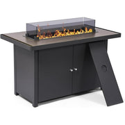 LAUSAINT HOME 43" Outdoor Fire Pit Table with Teakwood-grain Tabletop, 55,000 BTU Patio Propane Gas Fire Pit with Gray Glass Beads & Windshield, Metal