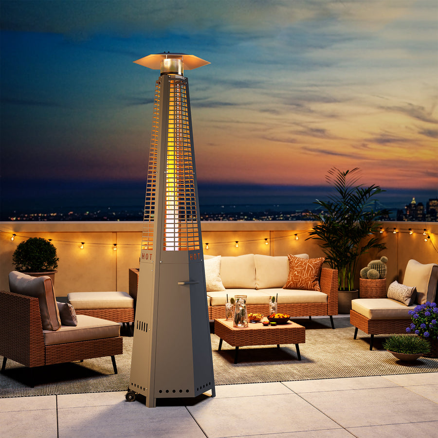 LAUSAINT HOME Hexagon Pyramid Patio Heater with Wheels, Quartz Glass Flame Heating 48,000 BTU & Cover