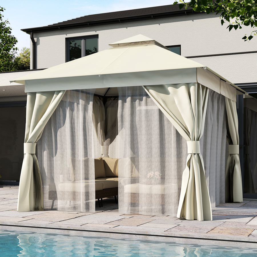 LAUSAINT HOME 10'x10' Outdoor Patio Gazebo, Heavy Duty Semi-Permanent Gazebo Tent with Double Roof, Mosquito Netting & Privacy Curtains, Metal Frame Backyard Canopy for Garden, Lawn, Party, White