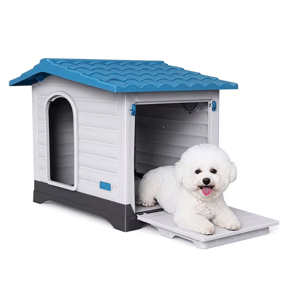 LAUSAINT HOME Outdoor Dog House for Small Dogs, Detachable Side‑Panel Converts to Ramp, Weatherproof Shelter with Elevated Base, Easy Assembly for Patio and Backyard