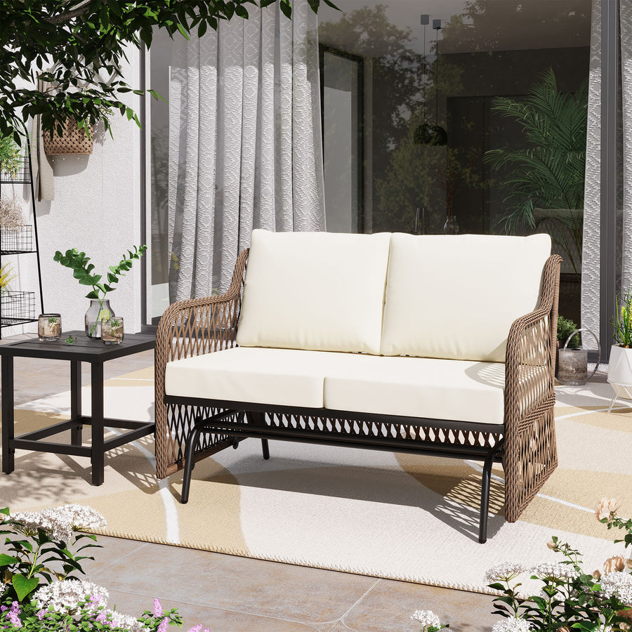 LAUSAINT HOME Outdoor Swing Glider Bench for 2 Person, Patio Furniture Rattan Chair with Beige Cushions