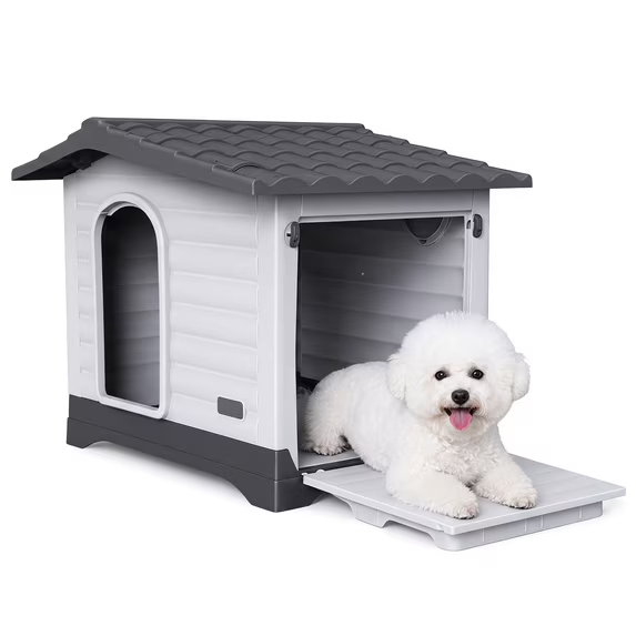 LAUSAINT HOME Outdoor Dog House for Small Dogs, Detachable Side‑Panel Converts to Ramp, Weatherproof Shelter with Elevated Base, Easy Assembly for Patio and Backyard