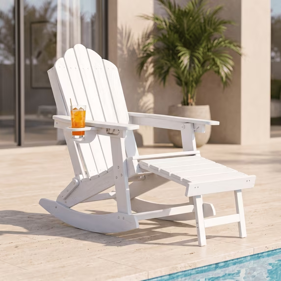 LAUSAINT HOME Folding Adirondack Rocking Chair with Retractable Ottoman, HDPE Outdoor Rocker Chair with Cup Holder & Removable Rocking Base for Patio, Porch, Backyard, Poolside, White