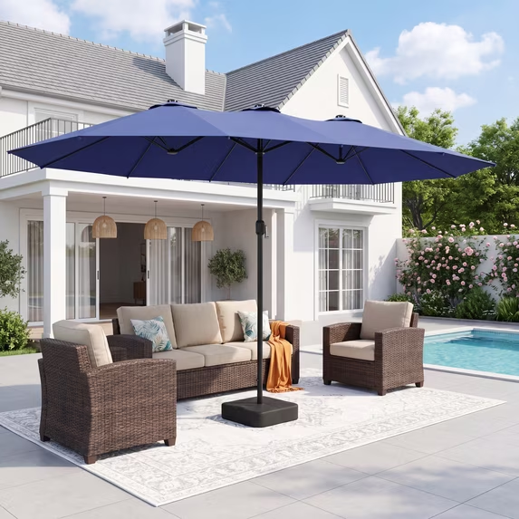 LAUSAINT HOME 13ft Double Sided Patio Umbrellas with Base & Crank Handle for Garden, Poolside, Navy Blue
