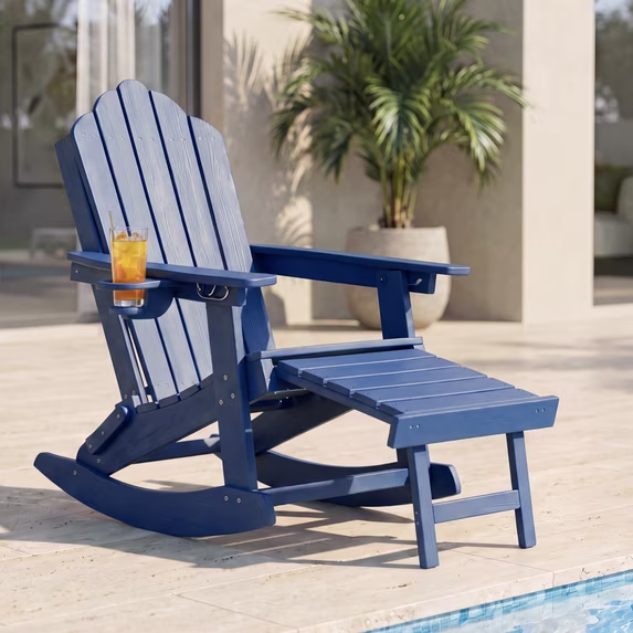 LAUSAINT HOME Folding Adirondack Rocking Chair with Retractable Ottoman, HDPE Outdoor Rocker Chair with Cup Holder & Removable Rocking Base for Patio, Porch, Backyard, Poolside, Navy Blue