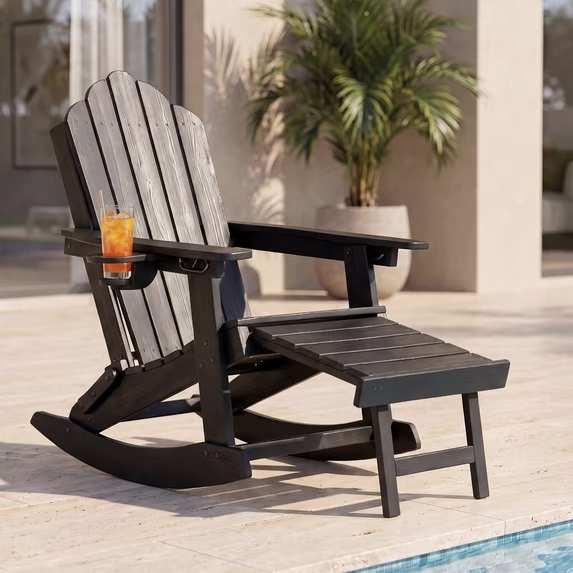 LAUSAINT HOME Folding Adirondack Rocking Chair with Retractable Ottoman, HDPE Outdoor Rocker Chair with Cup Holder & Removable Rocking Base for Patio, Porch, Backyard, Poolside, Black