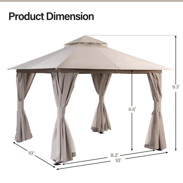 LAUSAINT HOME Patio Gazebo 10'x10' with Expansion Bolts, Double Roofs Outdoor Shelter Tent with Nettings and Privacy Screens (Khaki)