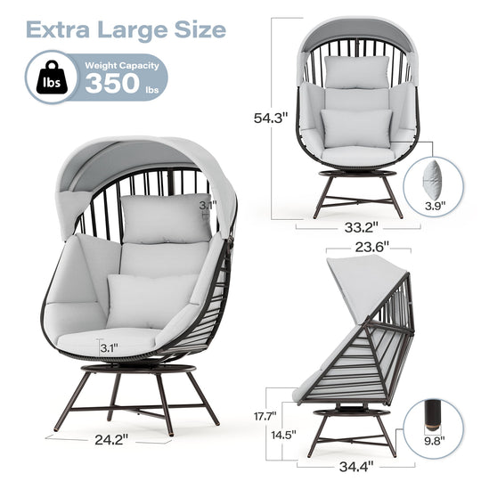 LAUSAINT HOME Oversized Wicker Egg Chair, 360° Swivel Indoor Outdoor Patio Lounger with with Cushion & Sunshade Brim