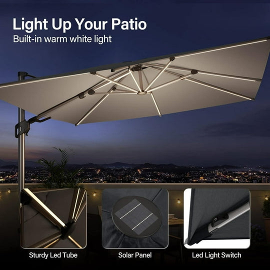 LAUSAINT HOME 10FT Patio Umbrella with LED Lights, Outdoor Large Cantilever Umbrella with 360° Rotation, Gray