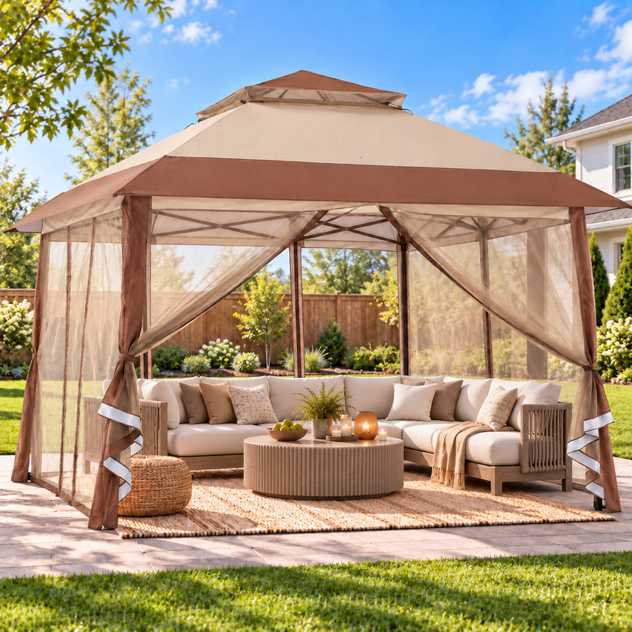 LAUSAINT HOME 12x12 Pop Up Gazebo with Mosquito Netting, Portable Outdoor Gazebo Canopy Tent with Sidewalls, One Push Instant Setup & Adjustable Height for Patio Backyard Party BBQ Deck, Khaki