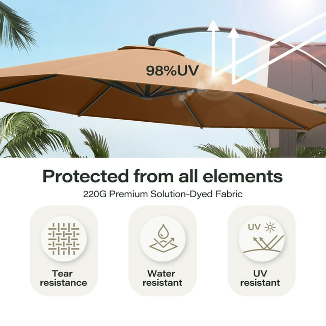 LAUSAINT HOME 11FT Deluxe Patio Umbrella with Base, Outdoor Large Hanging Cantilever Curvy Umbrella with 360°, Tan