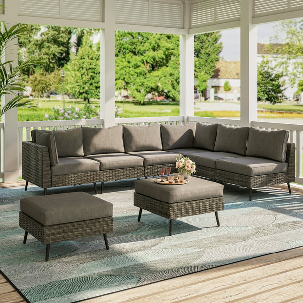 LAUSAINT HOME 8 Pieces Patio Conversation Set, Outdoor Sectional Wicker Sofa PE Rattan Furniture Set with Thick Cushions, Gray