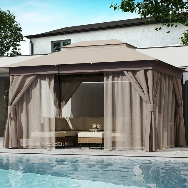 LAUSAINT HOME 10'x13' Patio Gazebo, Double Roof Outdoor Shelter Tent with Nettings and Privacy Screens, Khaki