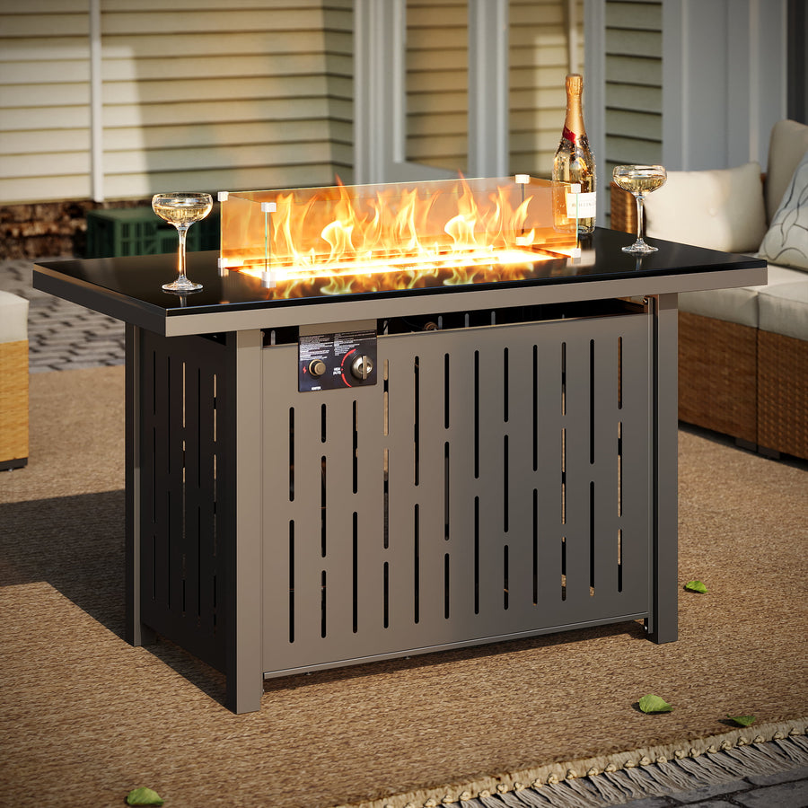LAUSAINT HOME 43" Outdoor Fire Pit Table, 50,000 BTU Auto-Ignition Gas Fire Pit with Glass Wind Guard Propane(Metal)