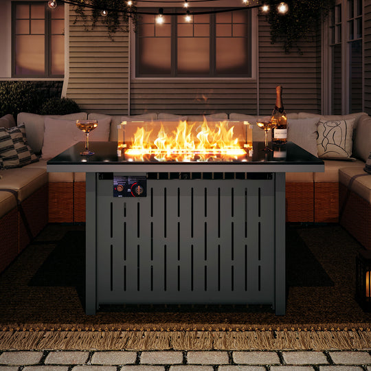 LAUSAINT HOME 43" Outdoor Fire Pit Table, 50,000 BTU Auto-Ignition Gas Fire Pit with Glass Wind Guard Propane(Metal)