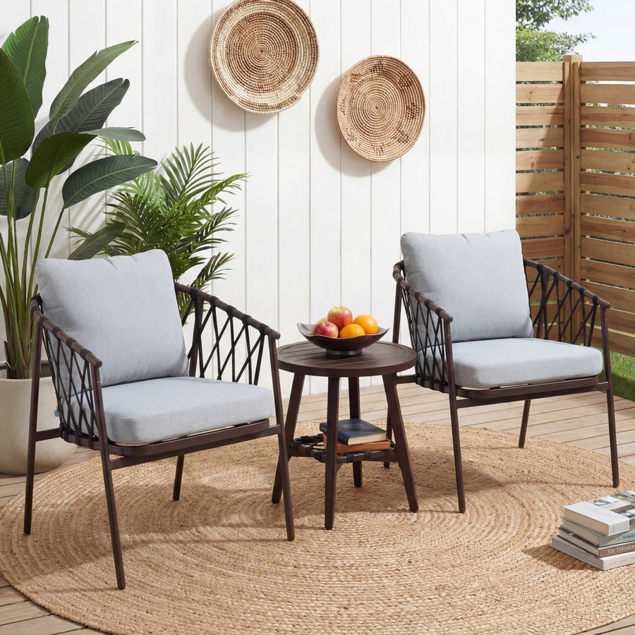 LAUSAINT HOME 3 Pieces Patio Bistro Set, Woven Rope Chairs with Cushions, Outdoor Furniture Set and Side Table, for Garden, Balcony, Poolside, Deck
