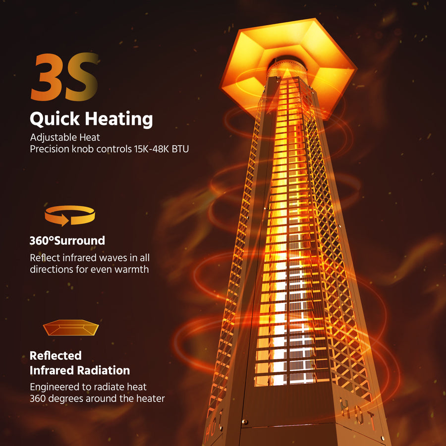LAUSAINT HOME Hexagon Pyramid Patio Heater with Wheels, Quartz Glass Flame Heating 48,000 BTU & Cover