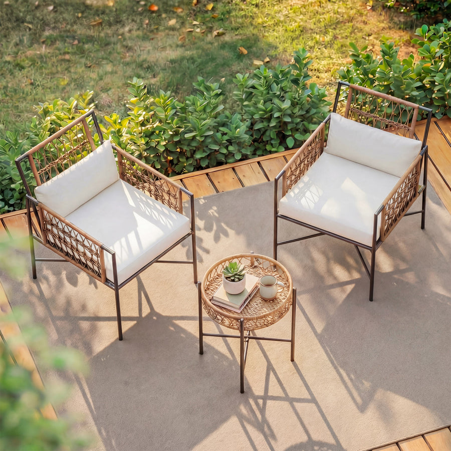 LAUSAINT HOME 3 Piece Metal Outdoor Bistro Set with Side Table and 2 Chairs, Beige Cushions