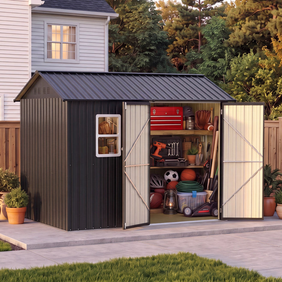 LAUSAINT HOME 8x5.7 FT Galvanized Steel Storage Shed with Window, Outdoor Metal Garden Building with Double Lockable Doors, Gable Roof & Ventilation, Black