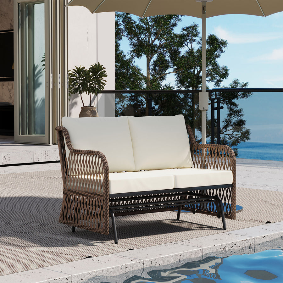 LAUSAINT HOME Outdoor Swing Glider Bench for 2 Person, Patio Furniture Rattan Chair with Beige Cushions
