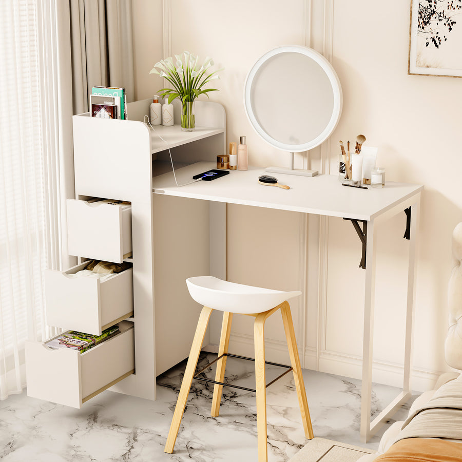 LAUSAINT HOME Wall Mounted Foldable Desk, Space Saving Hidden Desk with Storage & Power Outlet, Fold Out Table for Small Spaces, Home Office Bedroom, White