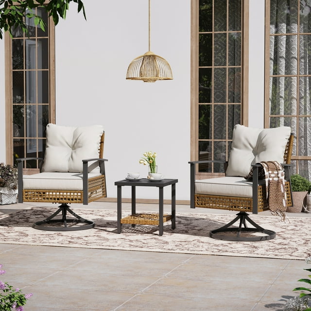 LAUSAINT HOME 3 Pieces Patio Conversation Set, Outdoor Furniture with Swivel Chairs & Coffee Table, Beige