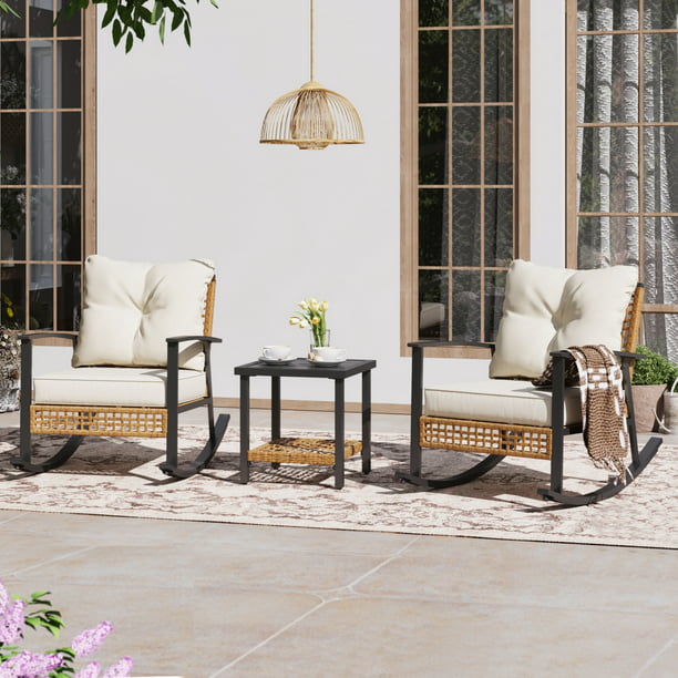 LAUSAINT HOME 3 Pieces Patio Outdoor Conversation Set with 2-Tier Coffee Table, PE Wicker and Metal (Beige)