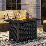 LAUSAINT HOME 43" Outdoor Fire Pit Table, 50,000 BTU Auto-Ignition Gas Fire Pit with Glass Wind Guard Propane(Rattan)