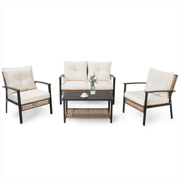 LAUSAINT HOME 4 Pieces Outdoor Patio Conversation Set with Cushions and 2-Tiers Storage Metal Coffee Table