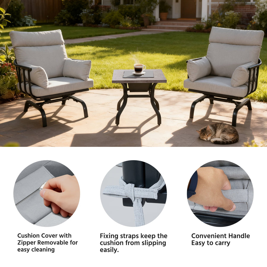 LAUSAINT HOME 3 Pieces Patio Outdoor Conversation Set, Patio Bistro Set with 2 Spring Chairs & 1 Ice Bucket Table, Gray Cushions