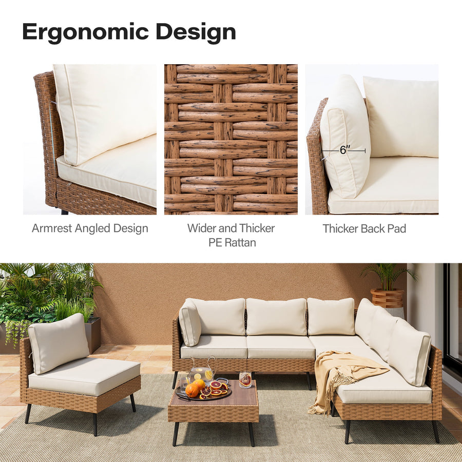 LAUSAINT HOME 7 Pieces Outdoor Furniture Set, Patio Modern Rattan Wicker Sectionals with 6 Chairs and 1 Coffee Table, Beige Cushions