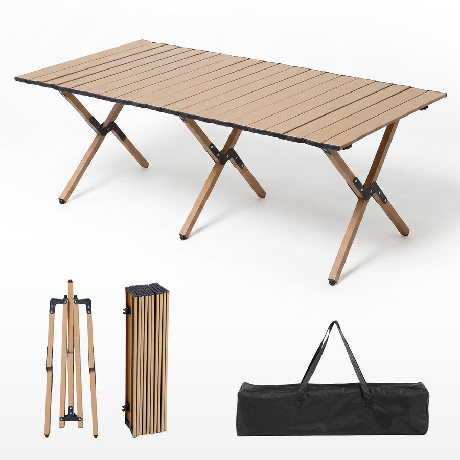 LAUSAINT HOME Khaki Foldable Camping Table, Roll-up Lightweight Steel Portable Outdoor Picnic Table