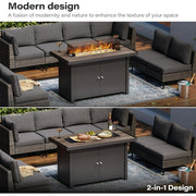 LAUSAINT HOME 43" Outdoor Fire Pit Table with Teakwood-grain Tabletop, 55,000 BTU Patio Propane Gas Fire Pit with Gray Glass Beads & Windshield, Metal