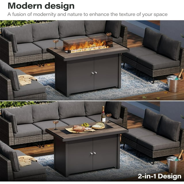 LAUSAINT HOME 43" Outdoor Fire Pit Table with Teakwood-grain Tabletop, 55,000 BTU Patio Propane Gas Fire Pit with Gray Glass Beads & Windshield, Metal