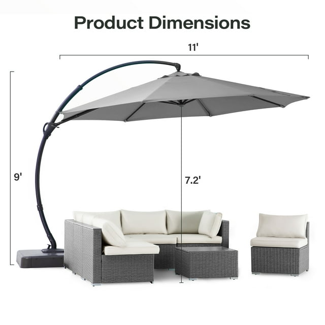 LAUSAINT HOME 11FT Deluxe Patio Umbrella with Base, Outdoor Large Hanging Cantilever Curvy Umbrella with 360°, Gray