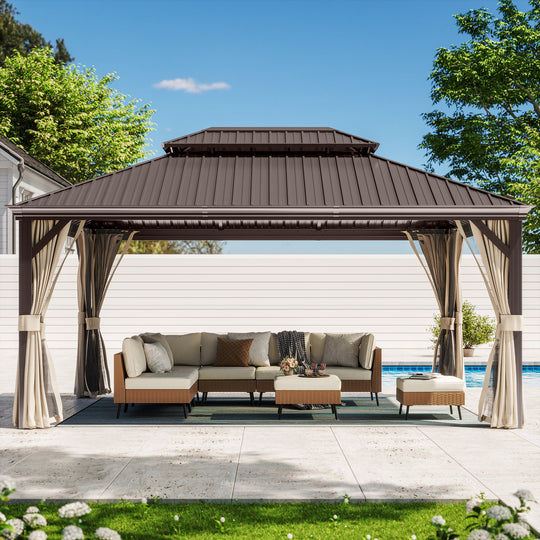 LAUSAINT HOME 12' x 16' Hardtop Patio Gazebo, 2-Tier Permanent Aluminum Hardtop with Mosquito Net and Privacy Curtain