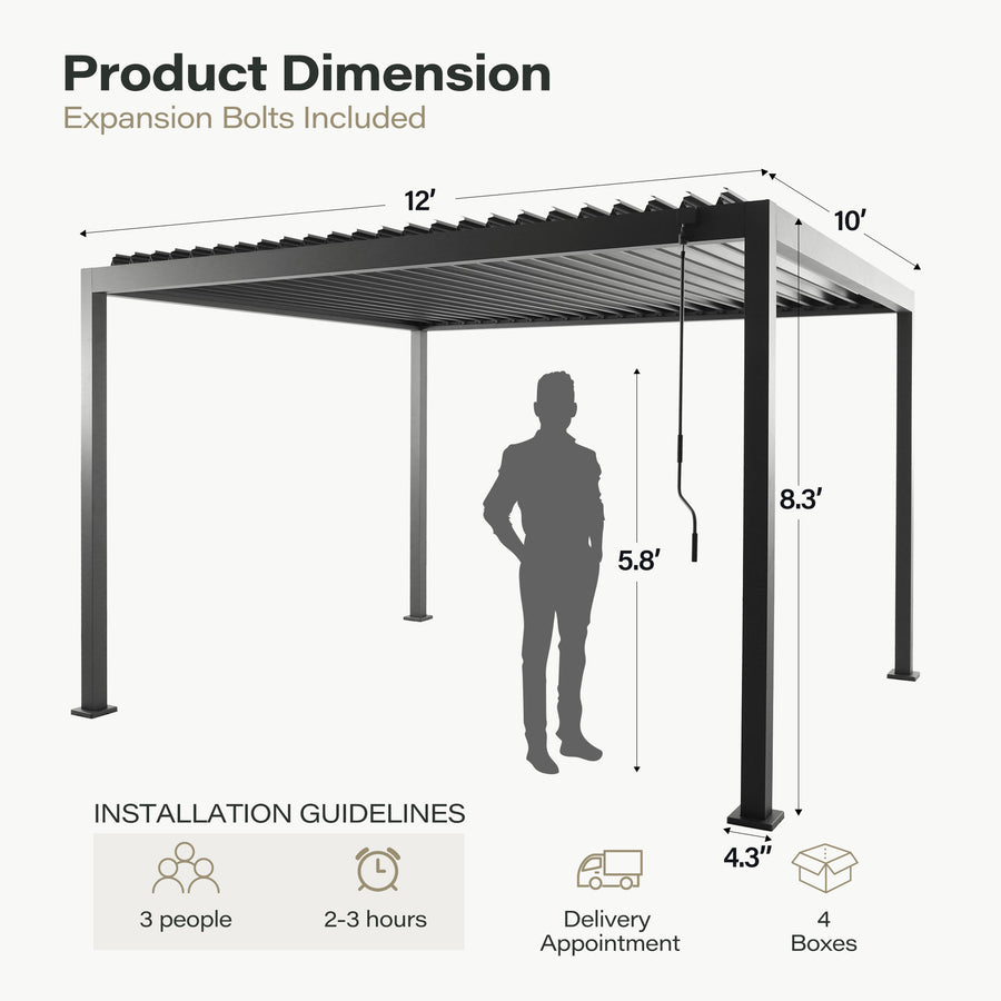 LAUSAINT HOME 10'x12' Outdoor Louvered Pergola, Heavy Duty Metal Pergola with Adjustable Roof & Integrated Drainage System for Patio Backyard Garden Poolside