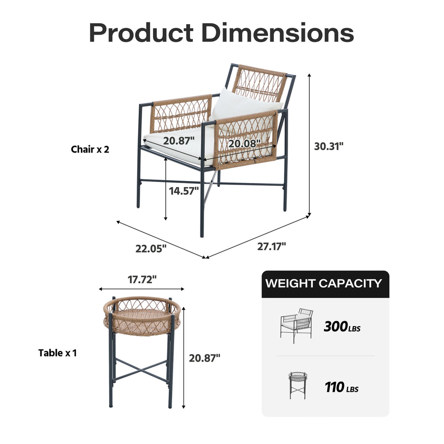 LAUSAINT HOME 3 Piece Metal Outdoor Bistro Set with Side Table and 2 Chairs, Beige Cushions
