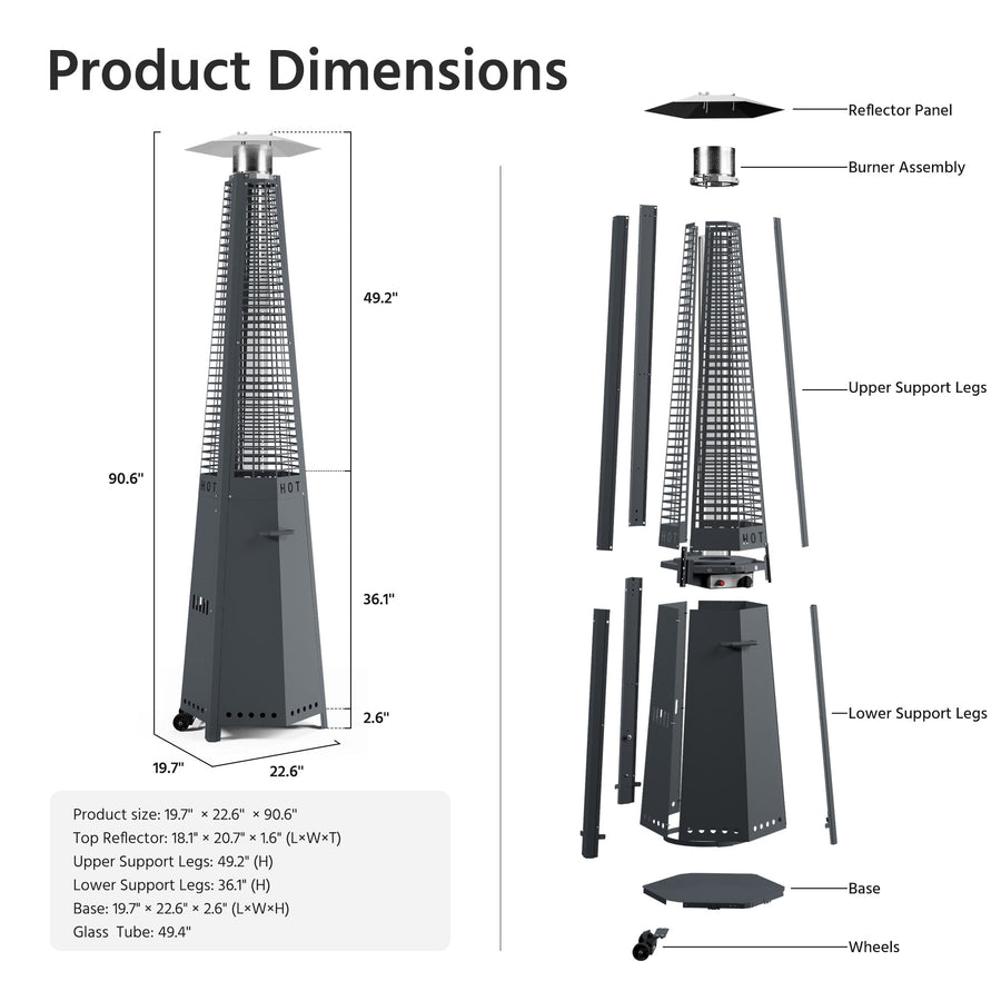 LAUSAINT HOME Hexagon Pyramid Patio Heater with Wheels, Quartz Glass Flame Heating 48,000 BTU & Cover