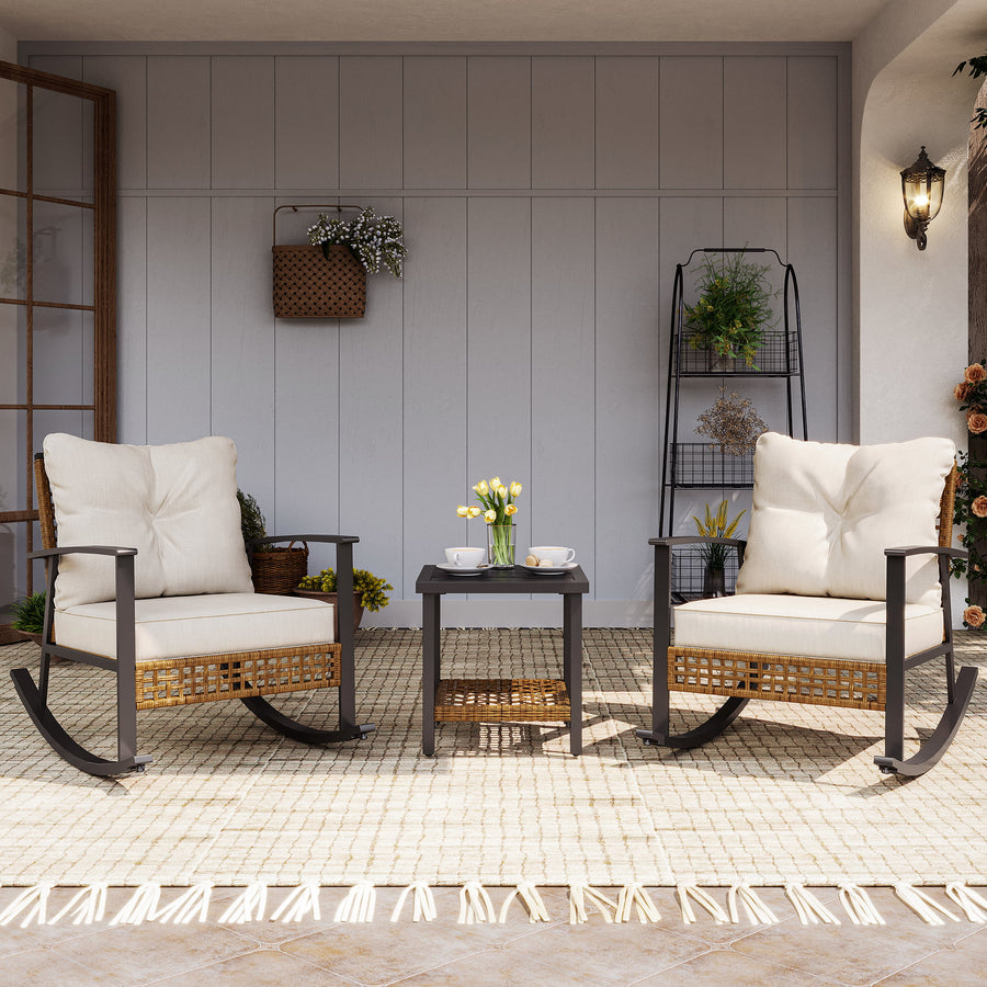 LAUSAINT HOME 3 Pieces Patio Outdoor Conversation Set with 2-Tier Coffee Table, PE Wicker and Metal (Beige)