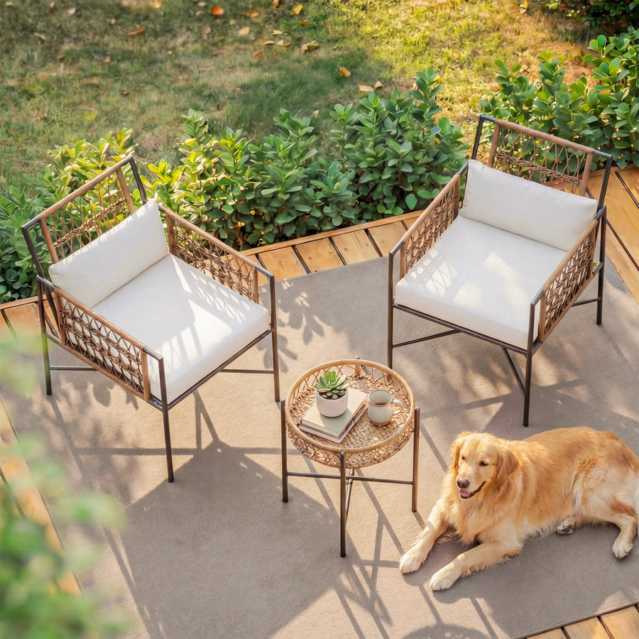 LAUSAINT HOME 3 Piece Metal Outdoor Bistro Set with Side Table and 2 Chairs, Beige Cushions