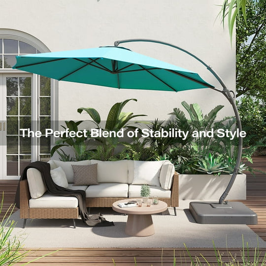 LAUSAINT HOME 11FT Deluxe Patio Umbrella with Base, Outdoor Large Hanging Cantilever Curvy Umbrella with 360°, Turquoise Blue