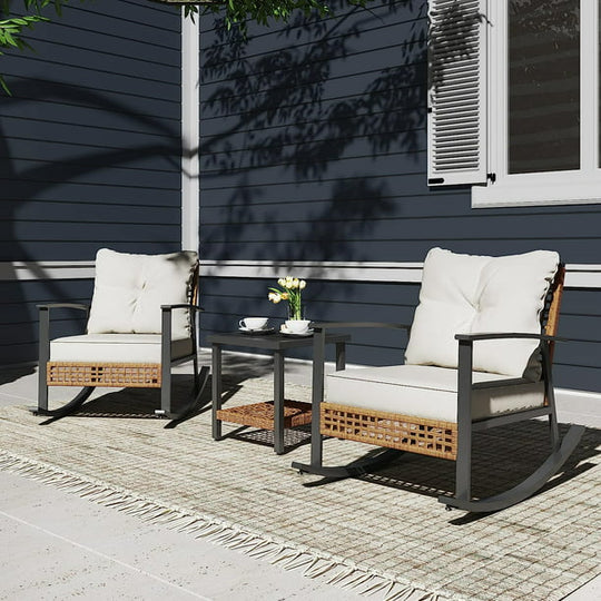 LAUSAINT HOME 3 Pieces Patio Outdoor Conversation Set with 2-Tier Coffee Table, PE Wicker and Metal (Beige)