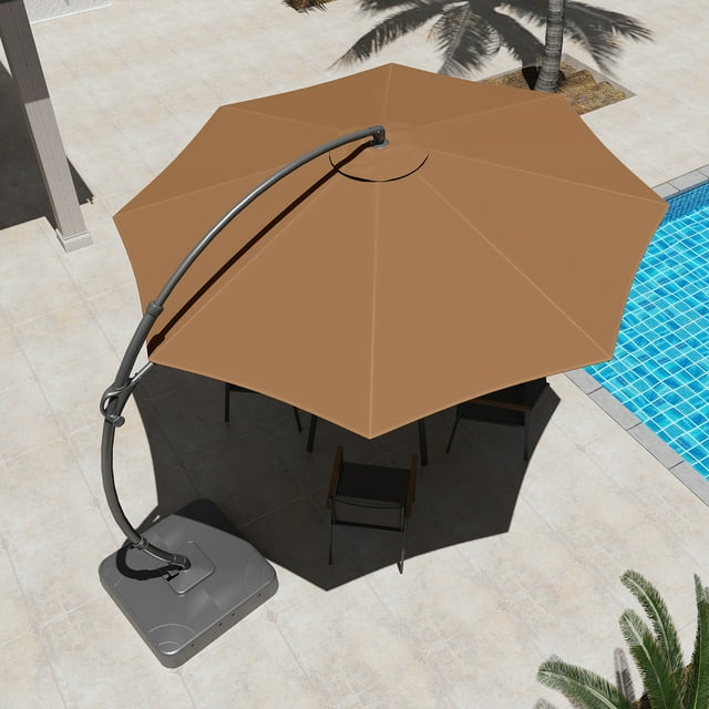 LAUSAINT HOME 11FT Deluxe Patio Umbrella with Base, Outdoor Large Hanging Cantilever Curvy Umbrella with 360°, Tan